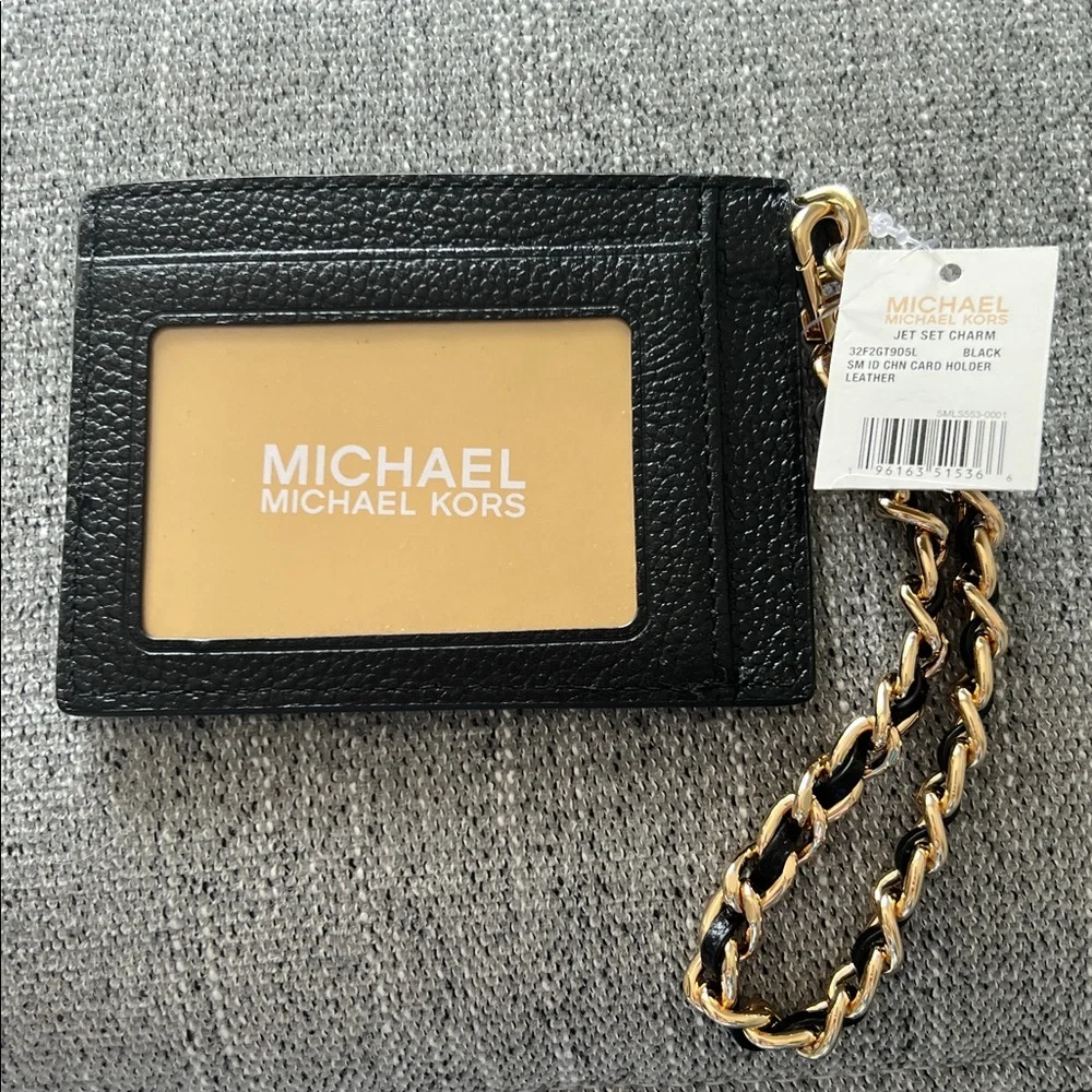 Michael Kors Black and Gold Card Holder Jet Set Charm Leather or wristlet NWT